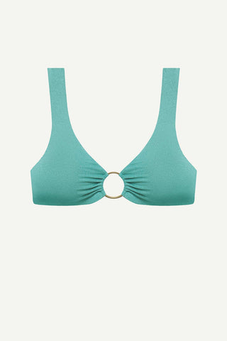 Metallic aqua bikini top with an O ring detail on the front 