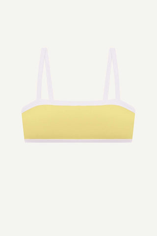 Yellow bandeau with strap swim top with white trim