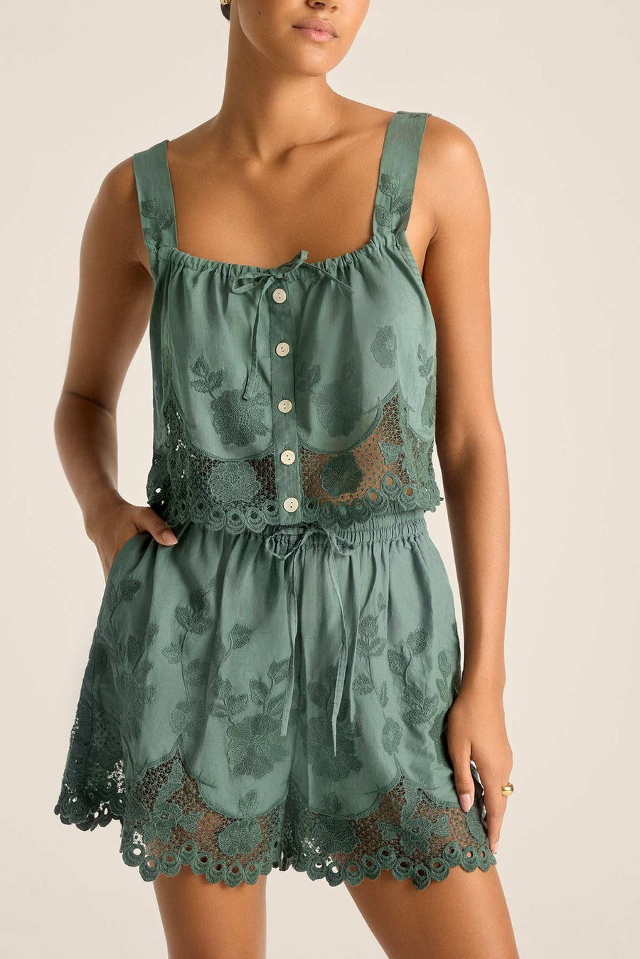 Flora Tank and Flora Short in Sea Green Beachside Broderie