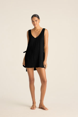 Riviera Mini Dress - Black Crinkle Linen