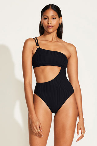 Cosmo One Shoulder One Piece - Black EcoRib