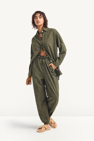 Faye Pant - Olive Tropical Eyelet